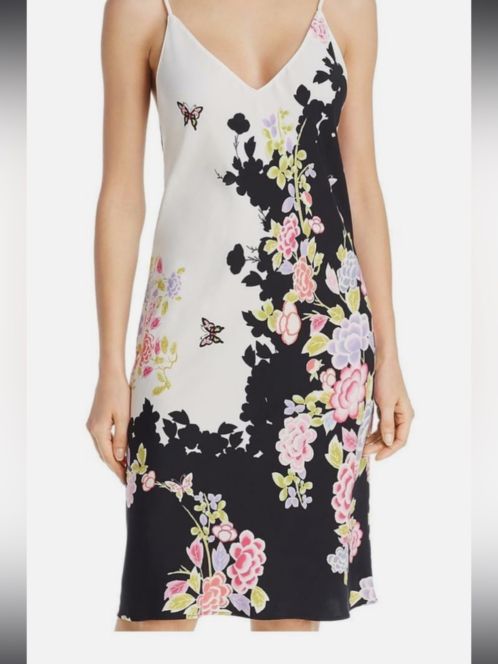 Natori Black and White A-Line Floral Gown with Pink and Purple Accents